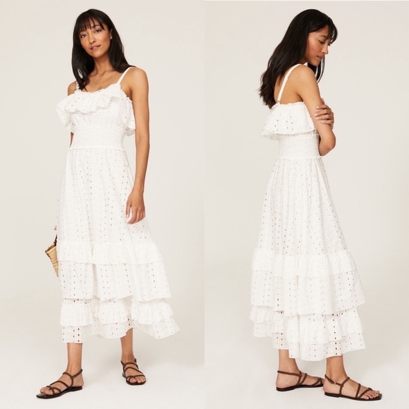 SLATE & WILLOW Cotton Eyelet Smocked Waist Sleeveless Tiered Ruffle Midi Dress M - Picture 1 of 9